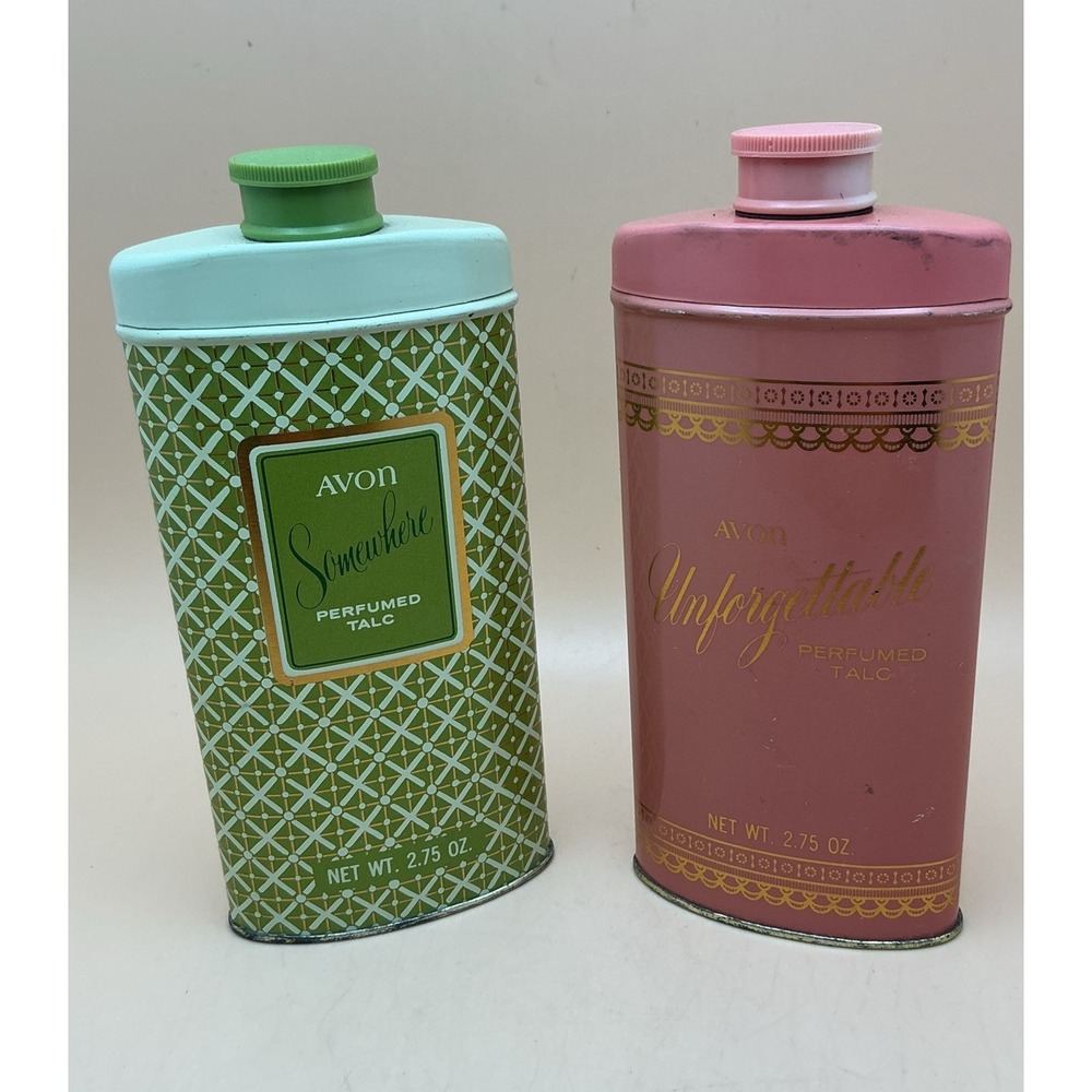 Vintage Avon Perfumed Talc Empty Tins; "Somewhere" & "Unforgettable",‎ 1970s